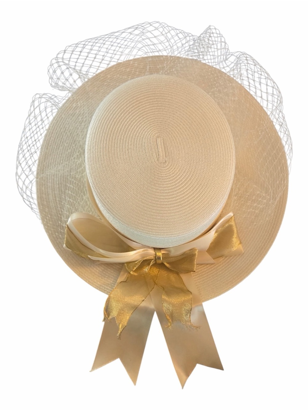 Vintage Hat #201 Women's Cream Wide-Brim Satin Bow Hat with Netting Detail 20th- - Picture 5 of 6